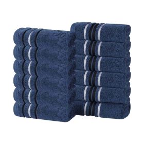 Sadie Zero Twist Cotton Solid and Jacquard Floral Face Towel Set of 12 (Color: Navy Blue, size: 12 Piece Face Towels)