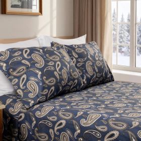 Cotton Flannel Floral Paisley Deep Pocket Bed Sheet Set (Color: Navy Blue, size: King)