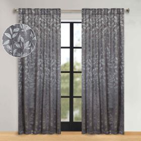 Leaves Room Darkening Back Tabs Blackout Curtain Panels, Set of 2 (Color: Nickel Black, size: 52" X 108")