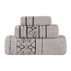 Sadie Zero Twist Cotton Floral Jacquard Absorbent 3 Piece Towel Set (Color: Platinum, size: 3 Piece Towel Set)
