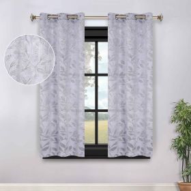 Leaves Room Darkening Grommet Blackout Curtain Panels, Set of 2 (Color: Silver, size: 52" X 63")