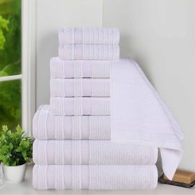 Brea Zero Twist Cotton Ribbed Geometric Border 9 Piece Towel Set (Color: White, size: 9 Piece Towel Set)