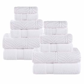 Chevron Zero Twist Solid and Jacquard Soft Cotton 12 Piece Towel Set (Color: White, size: 12 Piece Towel Set)