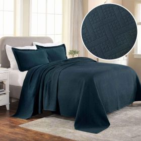 Basket Weave Matelasse Cotton Bedspread Set (Color: Deep Sea, size: King)