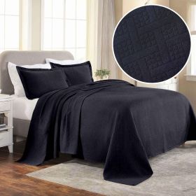 Basket Weave Matelasse Cotton Bedspread Set (Color: Navy Blue, size: King)