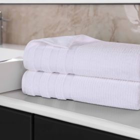 Brea Zero Twist Cotton Ribbed Geometric Border Bath Sheet Set of 2 (Color: White, size: 2 Piece Bath Sheets)