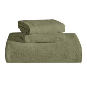 Florin Cotton Matelasse Weave Jacquard Scroll Medallion Bedspread Set (Color: Sage, size: Full)
