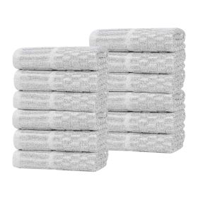 Juno Cotton Blend Checkered Ribbed Border Face Towels Washcloths, Set of 12 (Color: Platinum, size: 12 Piece Face Towels)