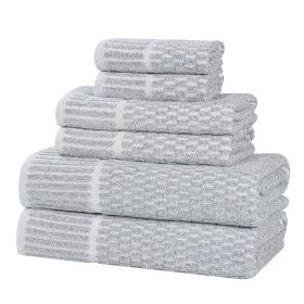 Juno Cotton Blend Textured Checkered Ribbed Border 6 Piece Towel Set (Color: Denim Blue, size: 6 Piece Towel Set)