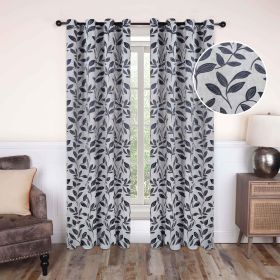 Leaves Machine Washable Room Darkening Blackout Curtains, Set of 2 (Color: White Navy Blue, size: 52" x 120")