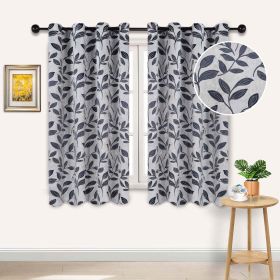 Leaves Machine Washable Room Darkening Blackout Curtains, Set of 2 (Color: White Navy Blue, size: 52" X 63")