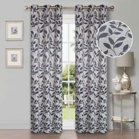 Leaves Machine Washable Room Darkening Blackout Curtains, Set of 2 (Color: White Navy Blue, size: 42" X 84")