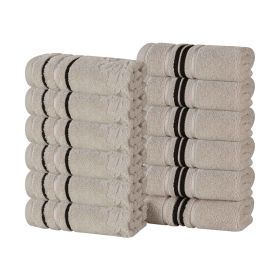 Sadie Zero Twist Cotton Solid and Jacquard Floral Face Towel Set of 12 (Color: Stone, size: 12 Piece Face Towels)