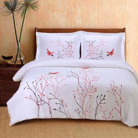 Embroidered Swallow and Floral Cotton Duvet Cover Set (Color: Red, size: Full/Queen)