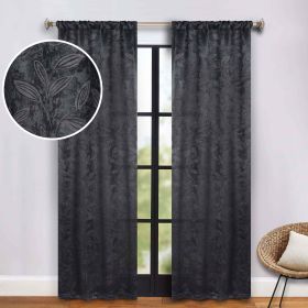 Leaves Room Darkening Washable Blackout Curtain Panels, Set of 2 (Color: Black, size: 36" x 84")