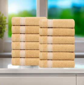 Brea Zero Twist Cotton Ribbed Geometric Border Face Towel Set of 12 (Color: Gold, size: 12 Piece Face Towels)