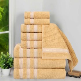 Brea Zero Twist Cotton Ribbed Geometric Border 9 Piece Towel Set (Color: Gold, size: 9 Piece Towel Set)