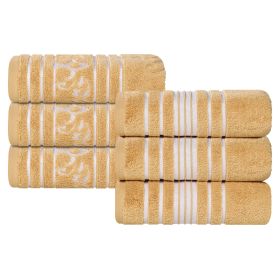 Sadie Zero Twist Cotton Solid and Jacquard Floral Hand Towel Set of 6 (Color: Gold, size: 6 Piece Hand Towels)