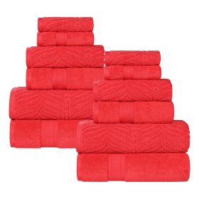 Chevron Zero Twist Solid and Jacquard Soft Cotton 12 Piece Towel Set (Color: Red, size: 12 Piece Towel Set)