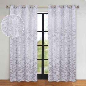 Leaves Room Darkening Grommet Blackout Curtain Panels, Set of 2 (Color: Silver, size: 52" X 96")