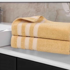 Brea Zero Twist Cotton Ribbed Geometric Border Bath Sheet Set of 2 (Color: Gold, size: 2 Piece Bath Sheets)