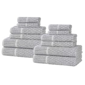 Juno Cotton Blend Textured Checkered Ribbed Border 12 Piece Towel Set (Color: Charcoal, size: 12 Piece Towel Set)