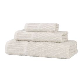 Juno Cotton Blend Textured Checkered Ribbed Border 3 Piece Towel Set (Color: Biege, size: 3 Piece Towel Set)