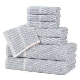 Juno Cotton Blend Textured Checkered Ribbed Border 8 Piece Towel Set (Color: Denim Blue, size: 8 Piece Towel Set)