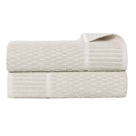 Juno Cotton Blend Textured Checkered Ribbed Border Bath Sheets, Set of 2 (Color: Biege, size: 2 Piece Bath Sheets)