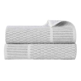 Juno Cotton Blend Textured Checkered Ribbed Border Bath Sheets, Set of 2 (Color: Platinum, size: 2 Piece Bath Sheets)