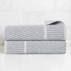 Juno Cotton Blend Textured Checkered Ribbed Border Bath Towels, Set of 2 (Color: Denim Blue, size: 2 Piece Bath Towels)