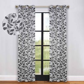 Leaves Room Darkening Grommet Blackout Curtain Panels, Set of 2 (Color: Silver/Black, size: 42" X 84")
