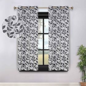 Leaves Room Darkening Grommet Blackout Curtain Panels, Set of 2 (Color: Silver/Black, size: 52" X 63")