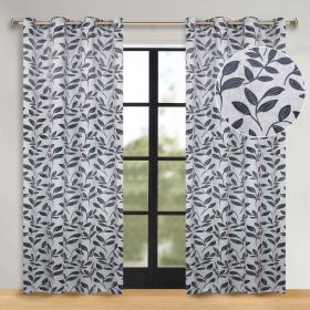 Leaves Room Darkening Washable Blackout Curtain Panels, Set of 2 (Color: White Navy Blue, size: 70" x 84")