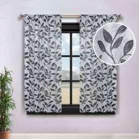 Leaves Washable Room Darkening Blackout Curtain Panels, Set of 2 (Color: Silver/Black, size: 26" X 63")