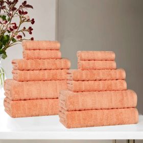 Mika Smart Twist Cotton Solid Textured Ribbed 12 Piece Towel Set (Color: Peach, size: 12 Piece Towel Set)