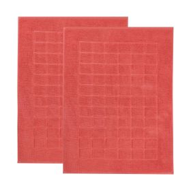 Nora Cotton Solid Absorbent Thick Checkered Washable Bath Mat Set of 2 (Color: Coral)