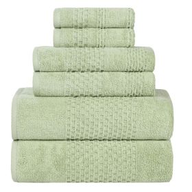 Playa Zero Twist Cotton Solid Waffle Textured 6 Piece Towel Set (Color: Green, size: 6 Piece Towel Set)