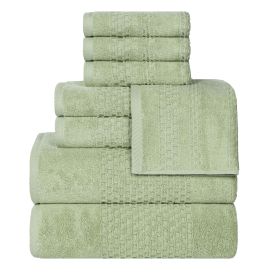Playa Zero Twist Cotton Solid Waffle Textured 8 Piece Towel Set (Color: Green, size: 8 Piece Towel Set)