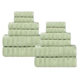 Zuma Zero Twist Cotton Medium Weight Waffle Stripes 12 Piece Towel Set (Color: Green, size: 12 Piece Towel Set)