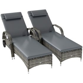 2 Reclining Chaise Lounge Chairs, Rolling Outdoor Chairs With Cushion, Pillow, Headrest, Armrests, And Wheels, Gray (Option: Gray)