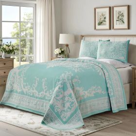 Adalie Cotton Blend Woven Jacquard Medallion Bedspread Set (Color: Turquoise, size: Full)