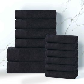 Honeycomb Textured Waffle Border Cotton 12 Piece Towel Set (Color: Black, size: 12 Piece Towel Set)