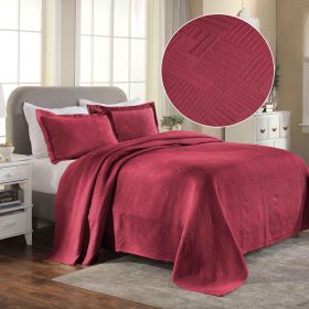 Cotton Jacquard Matelassé Scalloped Geometric Fret Bedspread Set (Color: Burgundy, size: Queen)