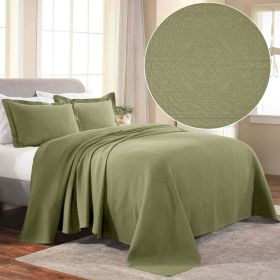 Fleur De Lis Jacquard Matelassé Cotton Medallion Bedspread Set (Color: Sage, size: Full)