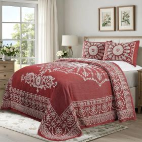 Kymbal Cotton Blend Woven Medallion Jacquard Bedspread Set (Color: Berry Red, size: Queen)