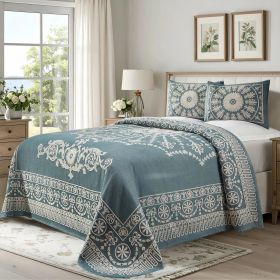 Kymbal Cotton Blend Woven Medallion Jacquard Bedspread Set (Color: Cerulean Blue, size: Queen)