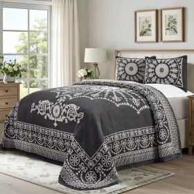 Kymbal Cotton Blend Woven Medallion Jacquard Bedspread Set (Color: Charcoal, size: King)