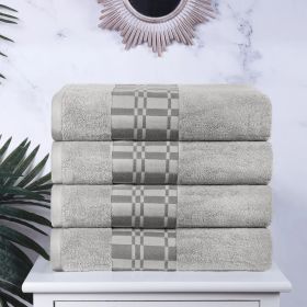 Larissa Cotton Geometric Border Bath Towel Set of 4 (Color: Chrome, size: 4 Piece Bath Towels)