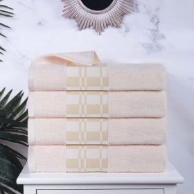 Larissa Cotton Geometric Border Bath Towel Set of 4 (Color: Ivory, size: 4 Piece Bath Towels)